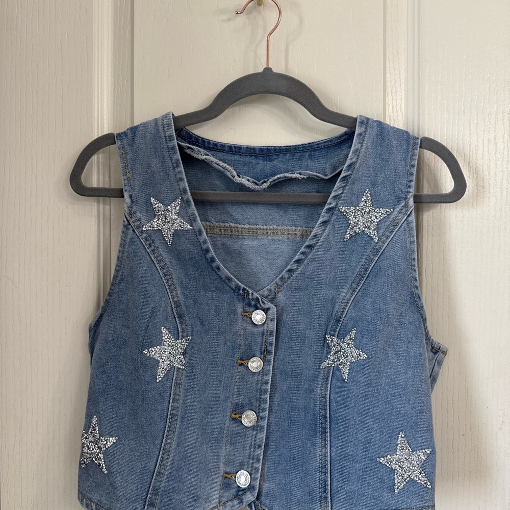 Denim Star Embellished Button Vest